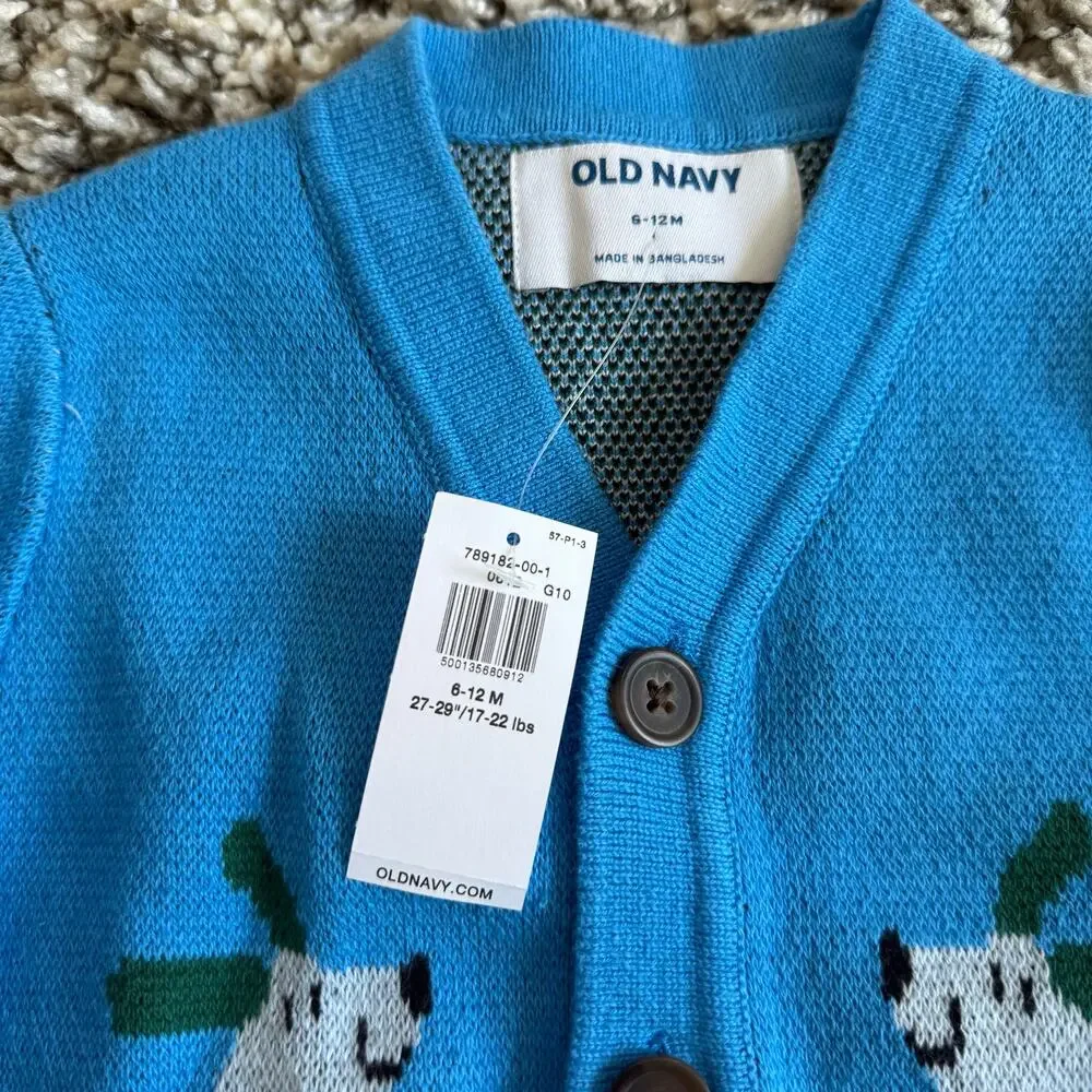 NWT Old Navy 6-12 Months Cardigan Sweater Blue Dogs Baby Boy CUTE